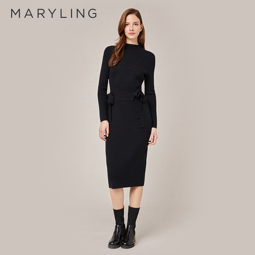 MARYLING高腰系带针织连衣裙