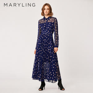 MARYLING玛俪琳奥莱outlets深蓝乔其爱心印花压褶连衣裙A1BA66070