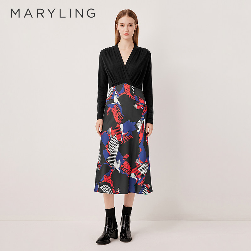 MARYLING玛俪琳奥莱outlets复古艺术蓝红印花连衣裙A1FGW61580