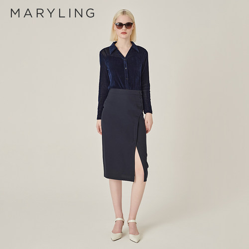 MARYLING玛俪琳奥莱outlets初秋深蓝色植绒收身衬衫A1EFW20190