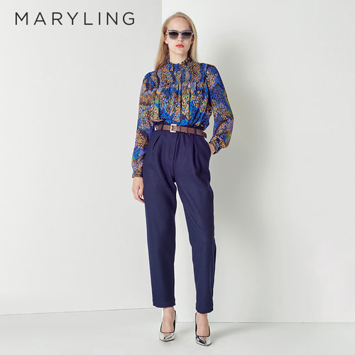 MARYLING碎花褶皱立领上衣