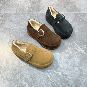 复古真皮厚底勃肯鞋女2025冬新款小个子增高加绒一脚蹬松糕乐福鞋