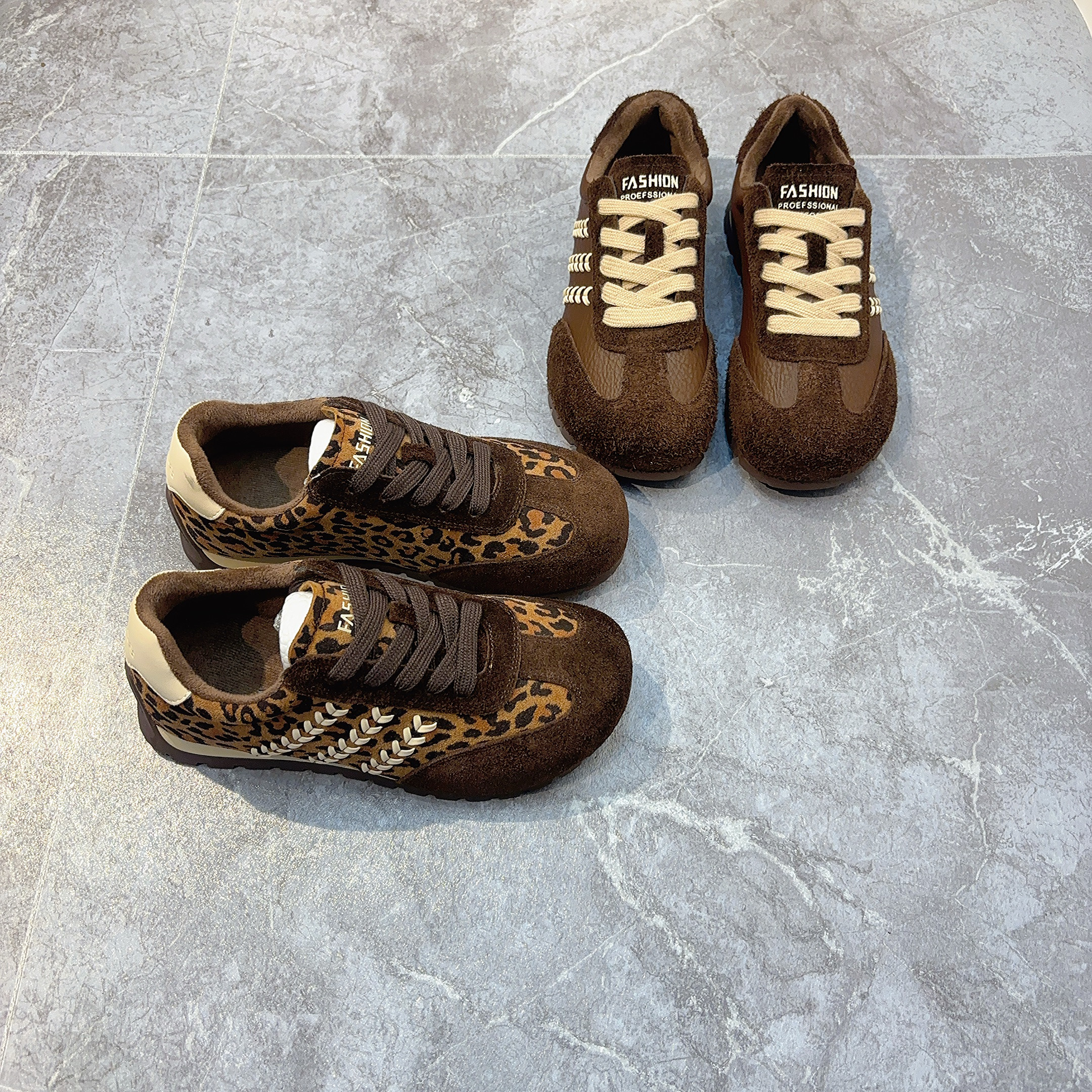 真皮豹纹马毛德训鞋女2025冬季新款复古三条杠运动真皮休闲板鞋潮