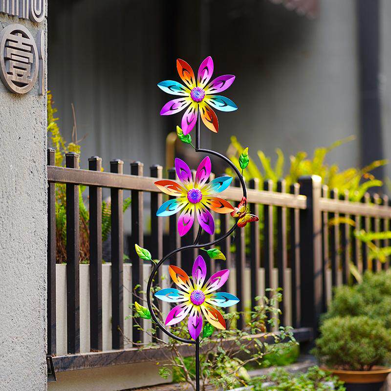 户外网红花园庭院阳台铁艺七彩旋转风车摆件插式草坪装饰造景布置