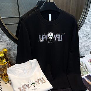 高端欧货!老佛爷字母烫钻大牌长袖T恤男时尚百搭青年休闲打底衫