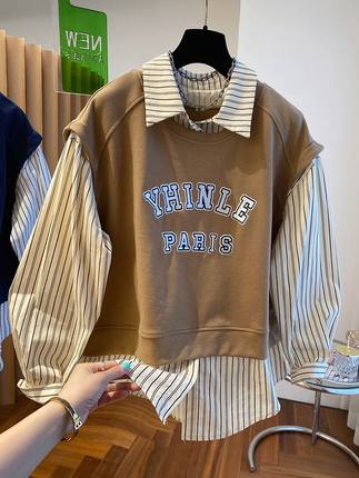 特大码300斤设计感小众宽松休闲衬衫领拼接假两件卫衣男女装上衣2