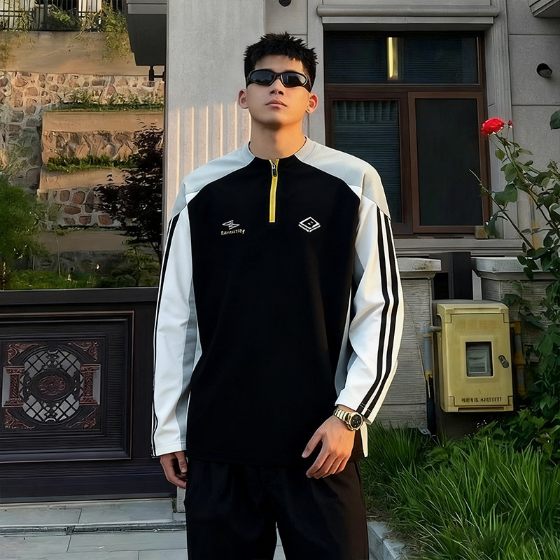 特大码300斤美式拼接长袖t恤山系户外半拉链骑行服跑步运动速干衣