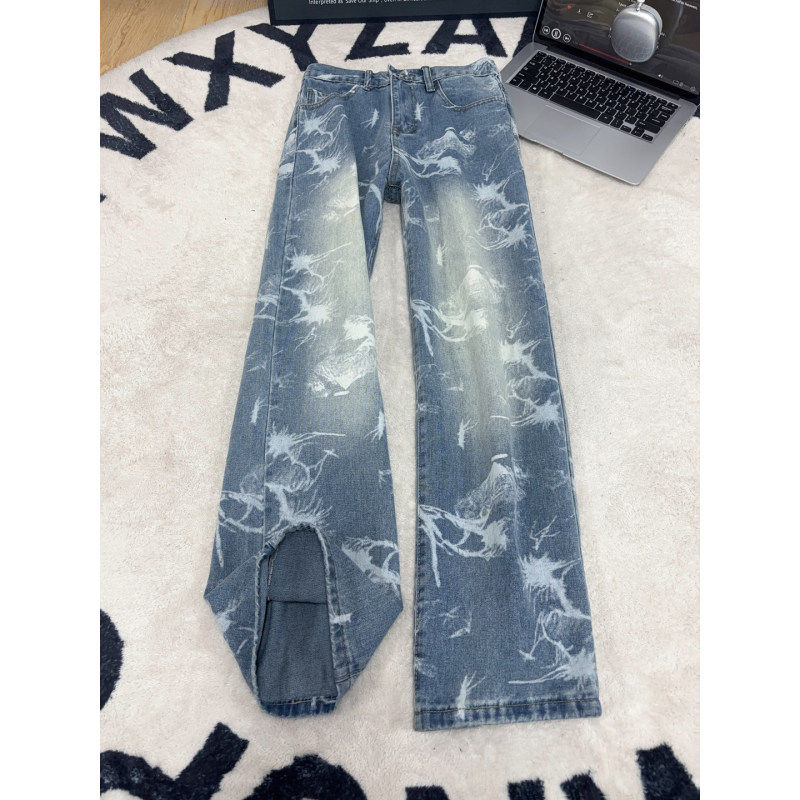 cleanfit浅蓝色牛仔裤男女个性印花宽松直筒美式高街痞帅潮流长裤