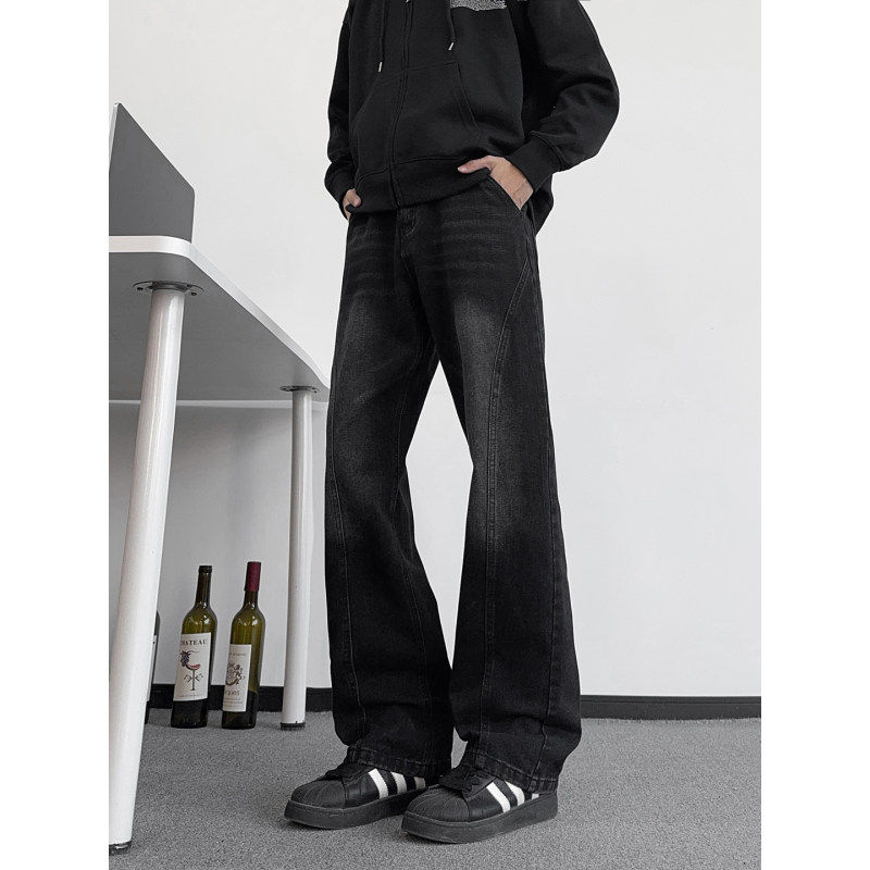 黑色美式高街微喇牛仔裤男款春秋痞帅vibe嘻哈裤子潮流百搭直筒裤