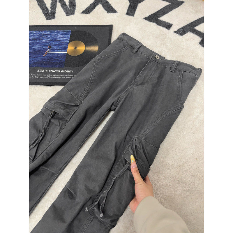 纯棉大口袋工装牛仔裤藏青色男款cleanfit裤子修身微喇伐木伞兵裤