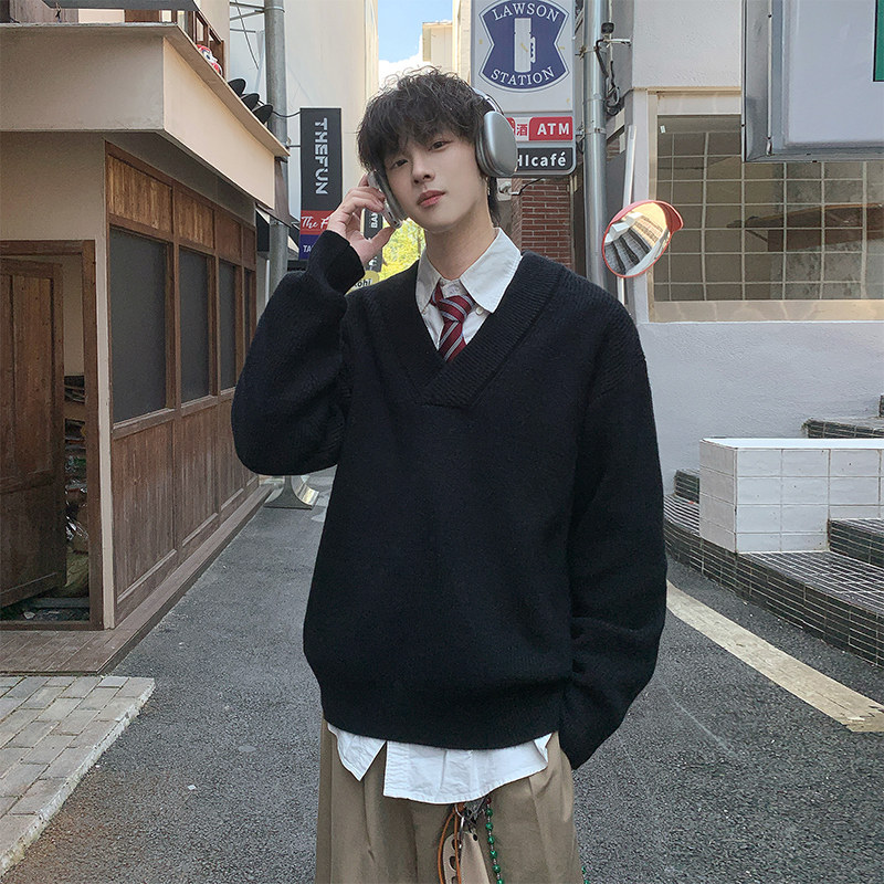 秋冬中性风V领百搭毛衣男女廓形