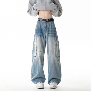 美式高街闪电纹复古蓝竹节纹工装牛仔裤男斜切弯刀裤直筒微喇裤子