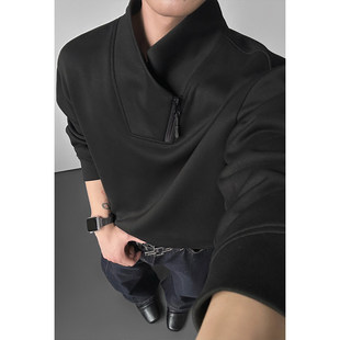 重磅斜拉链卫衣男灰色春季新款交叉V领设计感长袖T恤内搭短款外套