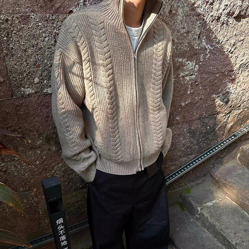 老钱风高级感毛衣麦穗纹针织衫男美式复古潮牌宽松慵懒风休闲外套