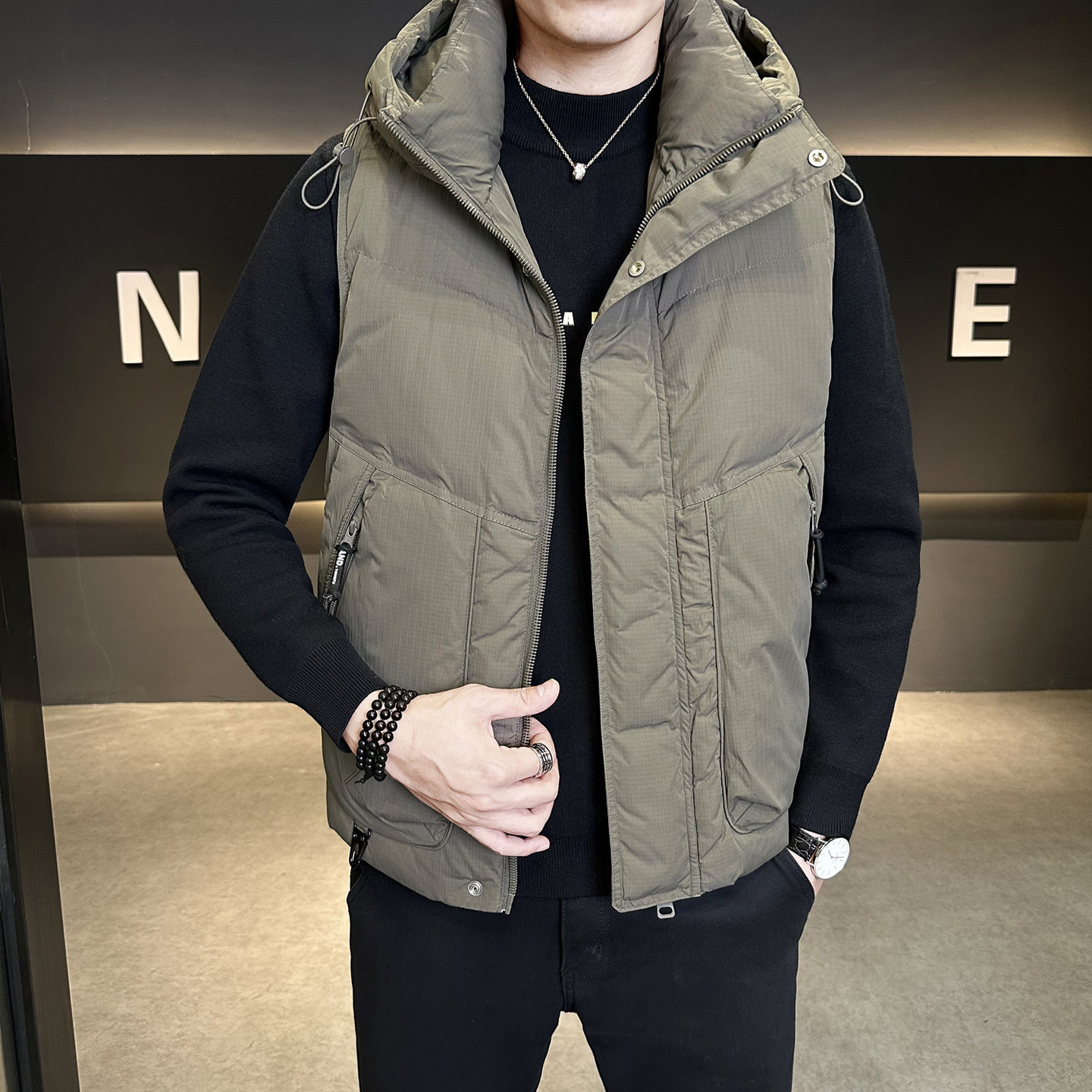 韩版chic痞帅纯色男士马甲连帽秋冬潮外穿羽绒服马夹潮流坎肩外套