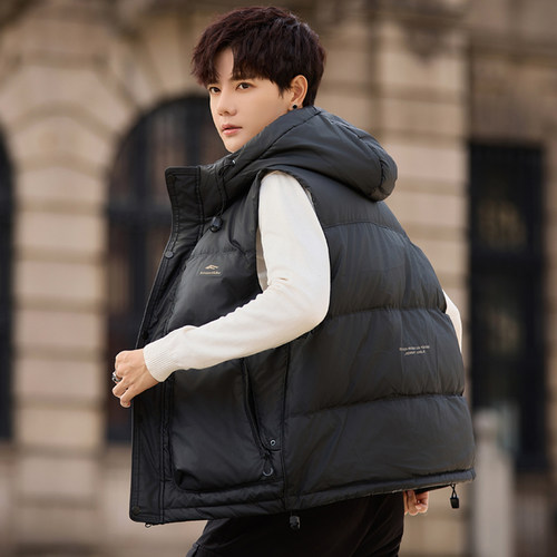 宽松潮牌青年羽绒马甲男短款连帽