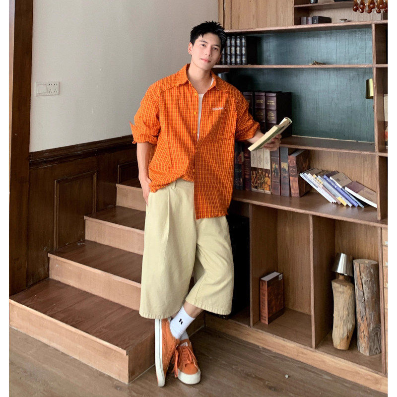 美式潮牌复古橙色长袖格子衬衫男女多巴胺穿搭春夏防晒衬衣外套潮