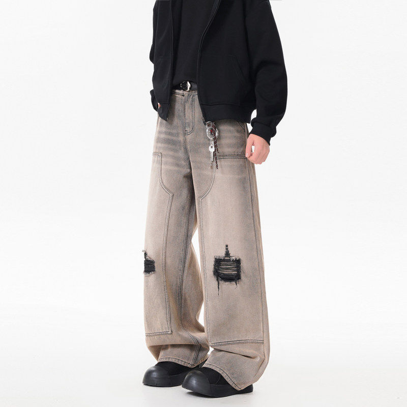 破洞牛仔裤男款水泥灰解构潮牌痞帅设计感裤子美式高街vibe微喇裤