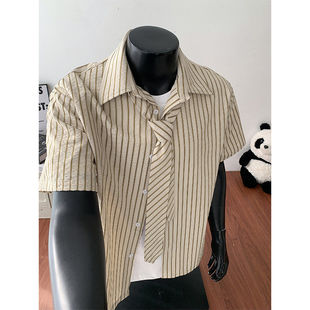 高智感蓝色假领带短袖格子衬衫男夏季翻领半袖cleanfit五分袖衬衣