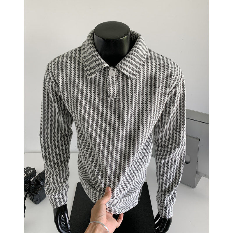 春季重磅鱼骨纹POLO翻领卫衣男款宽松打底衫美式无帽套头长袖T恤