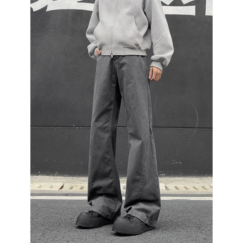 高街cleanfit褶皱微喇牛仔裤男款秋冬美式高街裤子黑色弯刀工装裤