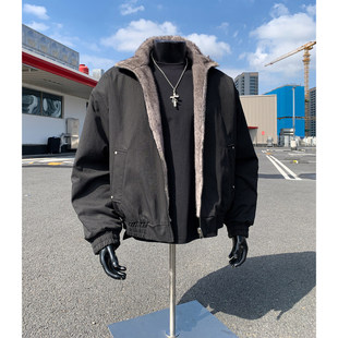 高级感翻领加绒加厚棉衣双面穿黑色毛领棉服男款秋冬穿搭痞帅外套