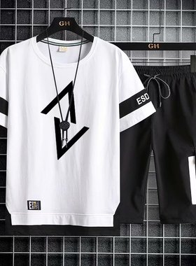 Colorblock T-shirt Casual Shorts Sportsuit拼色T恤短裤两件套