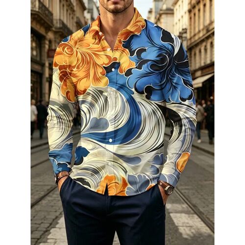 撞色印花长袖衬衫男 Color blocking printed long sleeved shirt