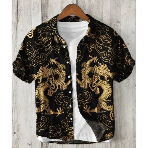 翻领印花系扣衬衫短袖男Men's collar printed button down shirt