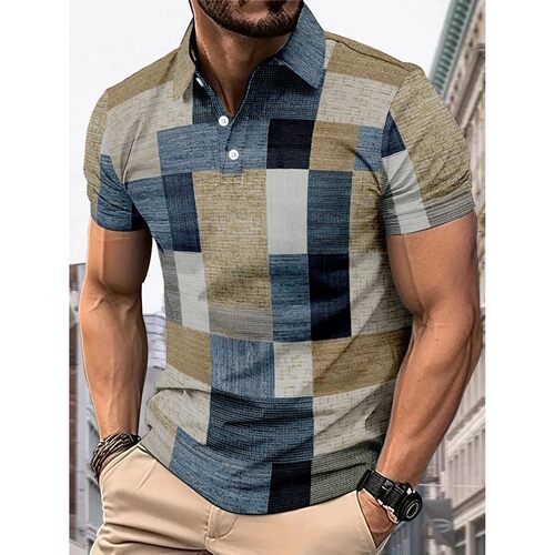 拼接格子开衫短袖T恤男Splicing plaid cardigan T-shirt for men