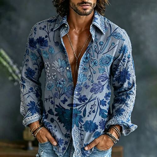 翻领长袖印花T恤男Collar long sleeved printed T-shirt for men