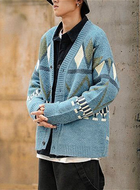 Versatile contrast V-neck long-sleeve sweater撞色V领长袖开衫