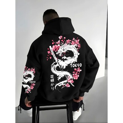 Printed long-sleeved hoodie with hood印花长袖连帽宽松运动衫