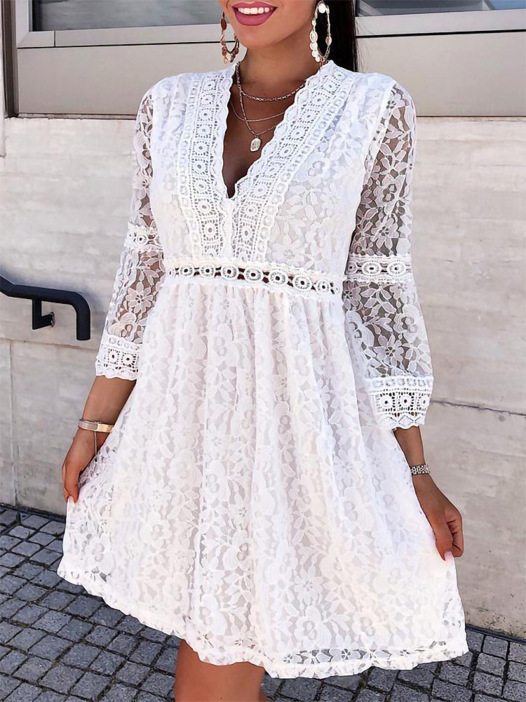 Lace panel flared sleeve loose dress蕾丝拼接喇叭袖宽松连衣裙