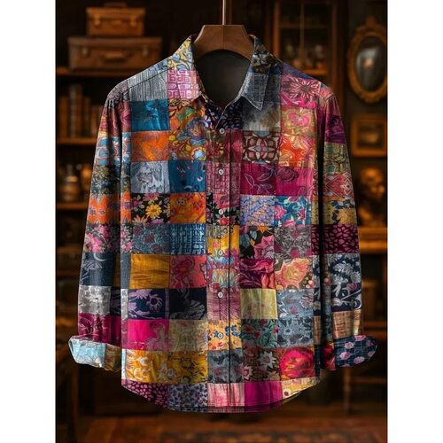 格子印花长袖衬衫Checkered printed long sleeved shirt for men