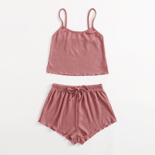 Knitted suspender shorts home suit针织吊带短裤舒适家居两件套