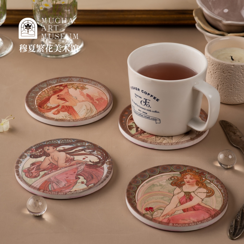 穆夏繁花陶瓷杯垫圆形隔热垫
