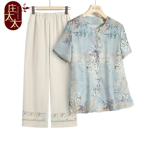 奶奶装夏装短袖衬衫上衣套装