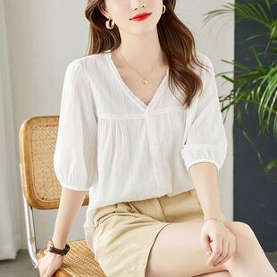 法式 蕾丝花边V领衬衫 新款 女中袖 别致宽松上衣纯棉白衬衣 夏季