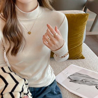秋冬季微米德绒半高领打底衫女士内搭中领长袖新款可外穿正肩t恤