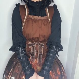 黑色哥特风上衣羊腿袖洛丽塔内搭立领蕾丝荷叶边Lolita内搭衬衫