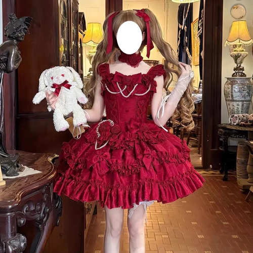 Lolita芭蕾风酒红色连衣裙公主裙