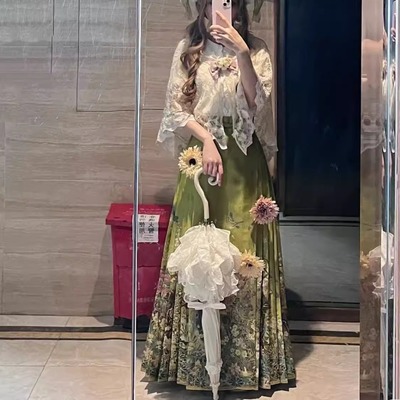 汉洋折衷日常套装短袖绿色马面夏
