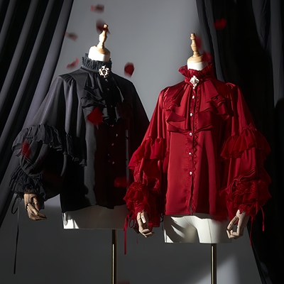 大码红黑色长袖姬袖衬衫基佬装秋