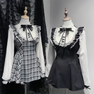 Lolita裙蕾服 夏秋女士蕾丝边长袖 日系亚文化黑色连衣裙短裤 套装