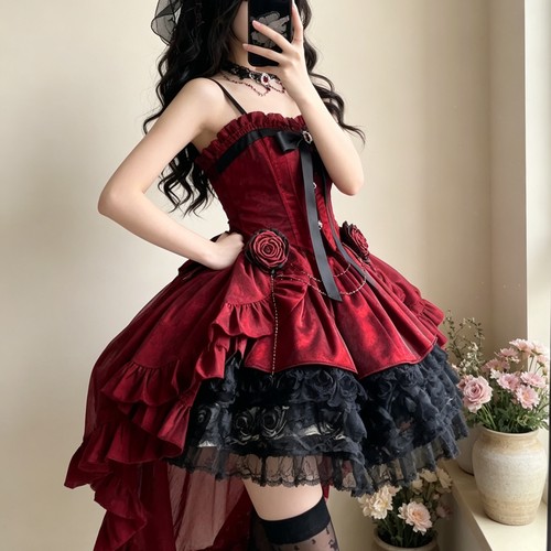 哥特风红色Lolita前短后长吊带裙