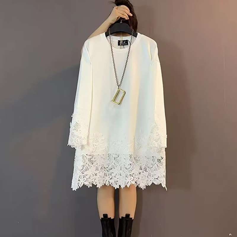 胖妹妹冬季中长款打底衫蕾丝拼接长袖针织上衣百搭韩版宽松大衫潮