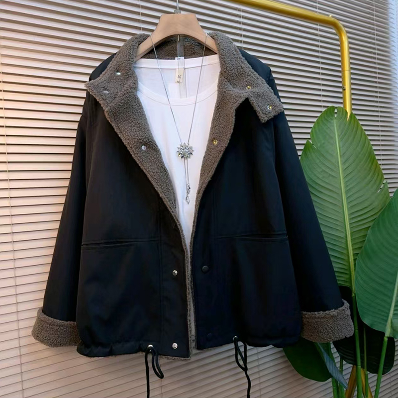 胖妹妹冬季羊羔毛拼接加厚外套保暖长袖纯色外衣时尚休闲减龄上衣