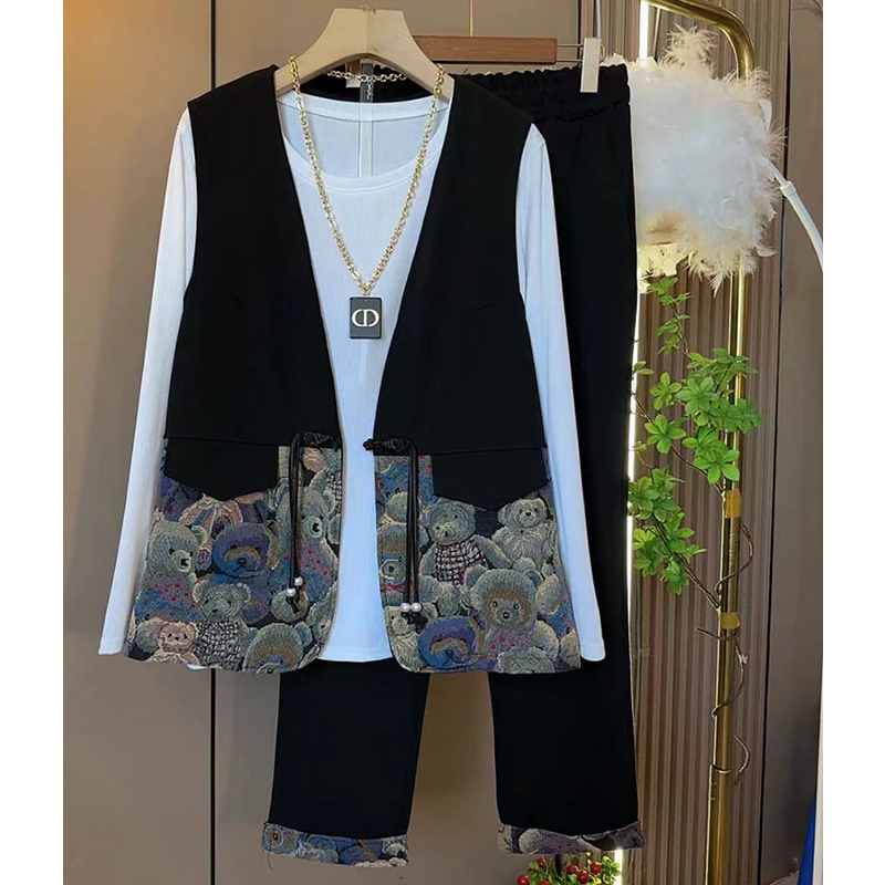 胖妹妹秋季长袖三件套印花拼接洋气大码女装显瘦遮肚裤子套装宽松