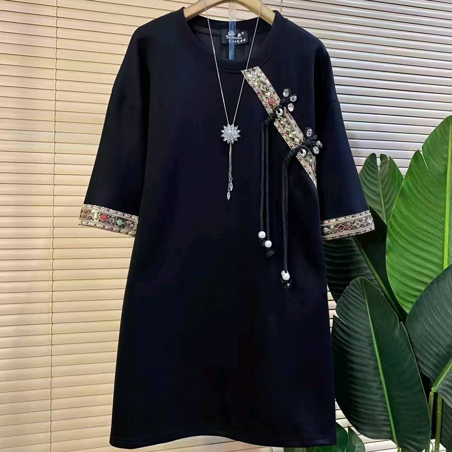 胖妹妹2025秋冬季五分袖中式打底衫中长款套头拼接大衫遮肚遮肉